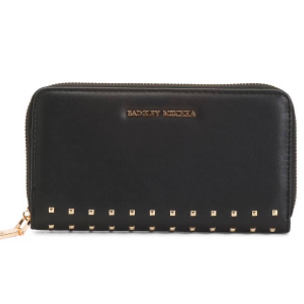 🆕NWT Badgley Mischka Square Studs Long Wallet with Letter Logo Black/Gold